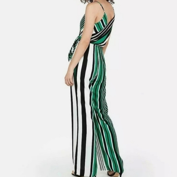 Express Sleeveless V Neck Multi Color Vertical Stripe Bow Tie Boho Jumpsuit - Picture 3 of 11